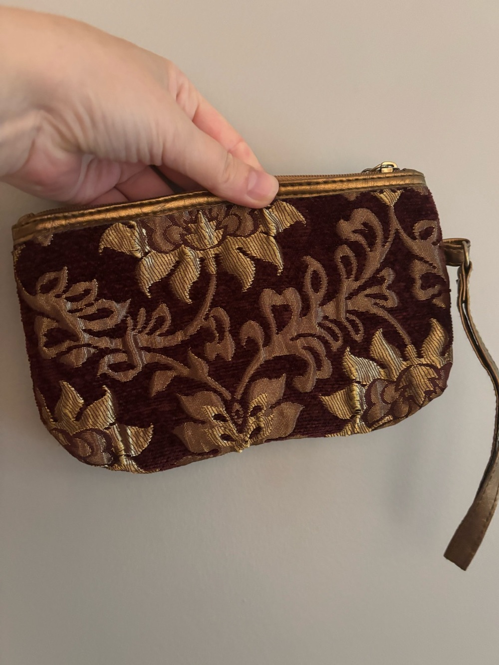 Source Unknown Gold and Deep Red Brocade Wristlet Pouch